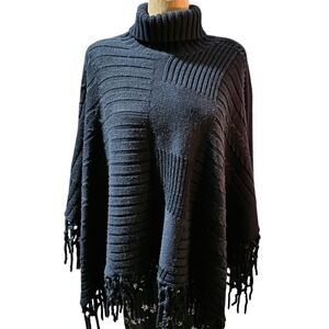 Bloomingdale's Wool Blend Poncho Fringe Black Turtleneck Sweater One Size